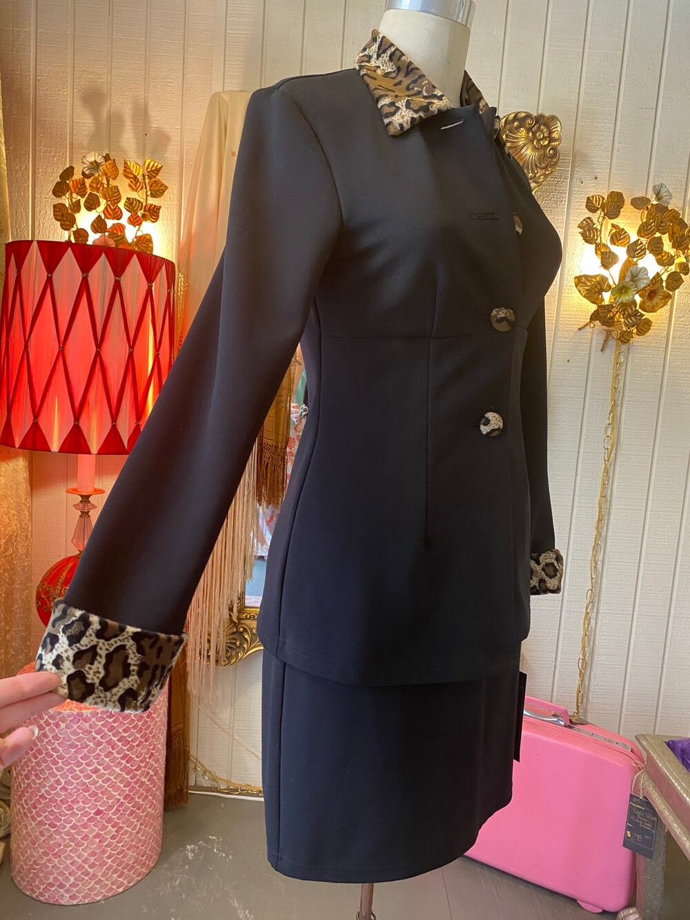 vintage 1990s black and leopard suit, 90s 2 piece, fran drescher, my michelle, s